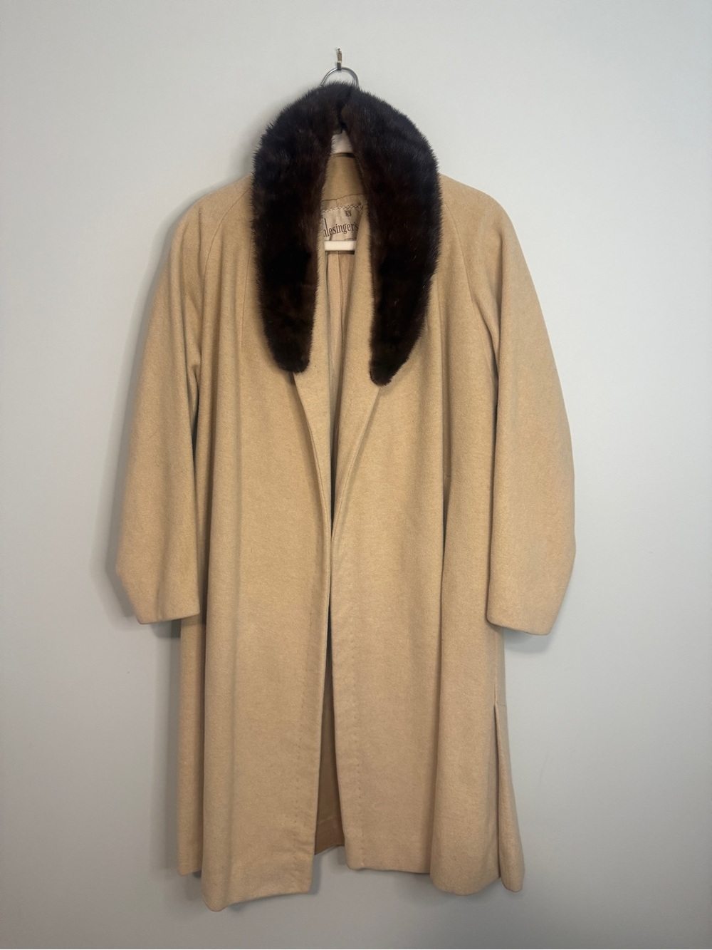 Vtg Schlesinger's Cashmere Wool Blend Long Coat Fur Collar Beige Sz S